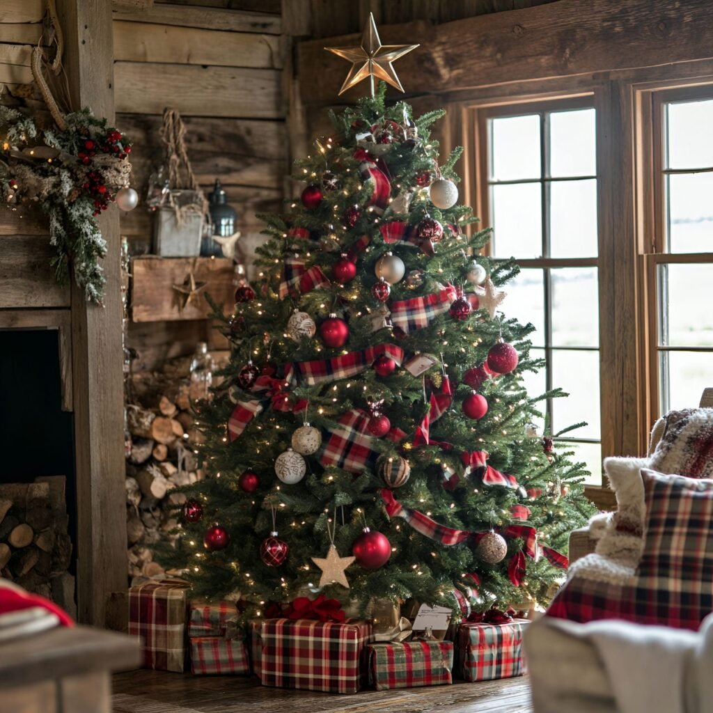 17. Rustic Farmhouse Christmas Tree: Cozy and Charming Country-Inspired Décor