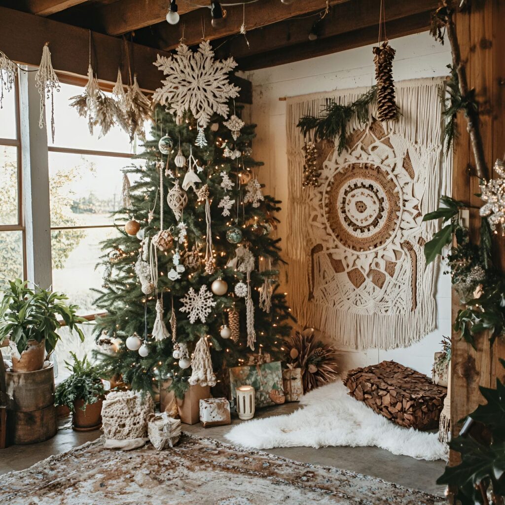 14. Rustic Boho Macramé Tree with Macramé and Bead Garlands