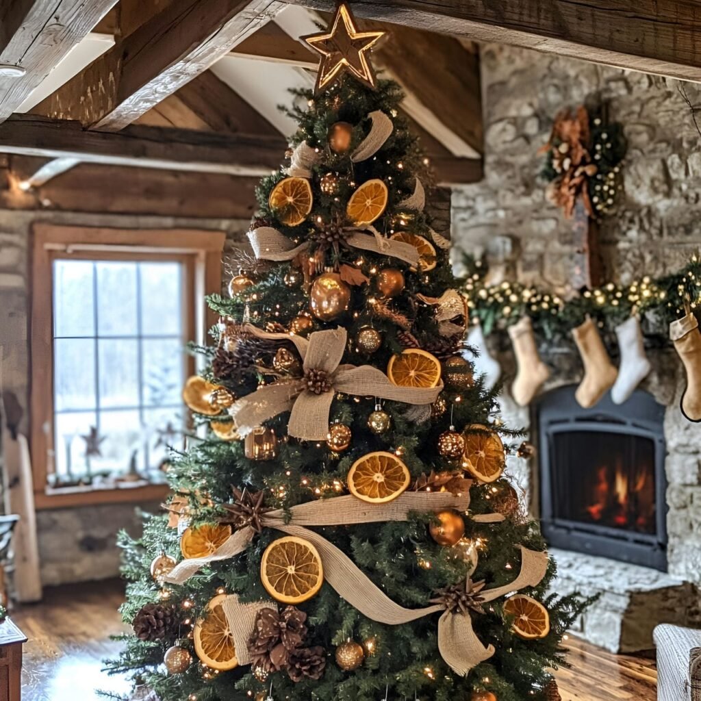 10. Rustic Country Christmas Tree with Burlap Ribbons & Stars