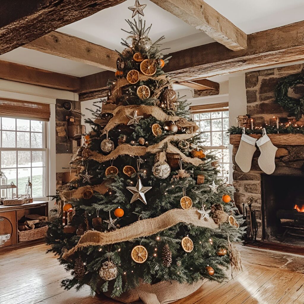 10. Rustic Country Christmas Tree with Burlap Ribbons & Stars