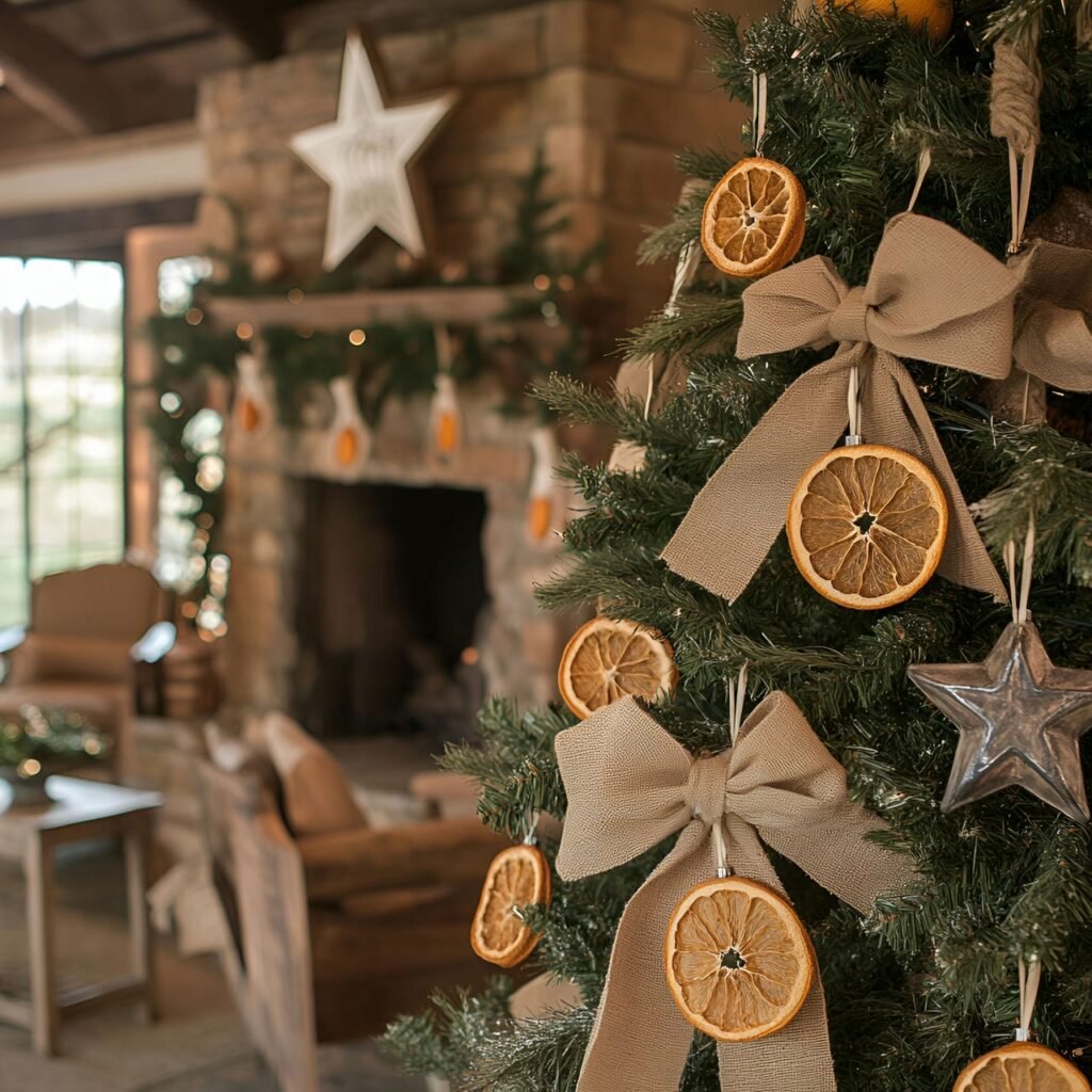 10. Rustic Country Christmas Tree with Burlap Ribbons & Stars