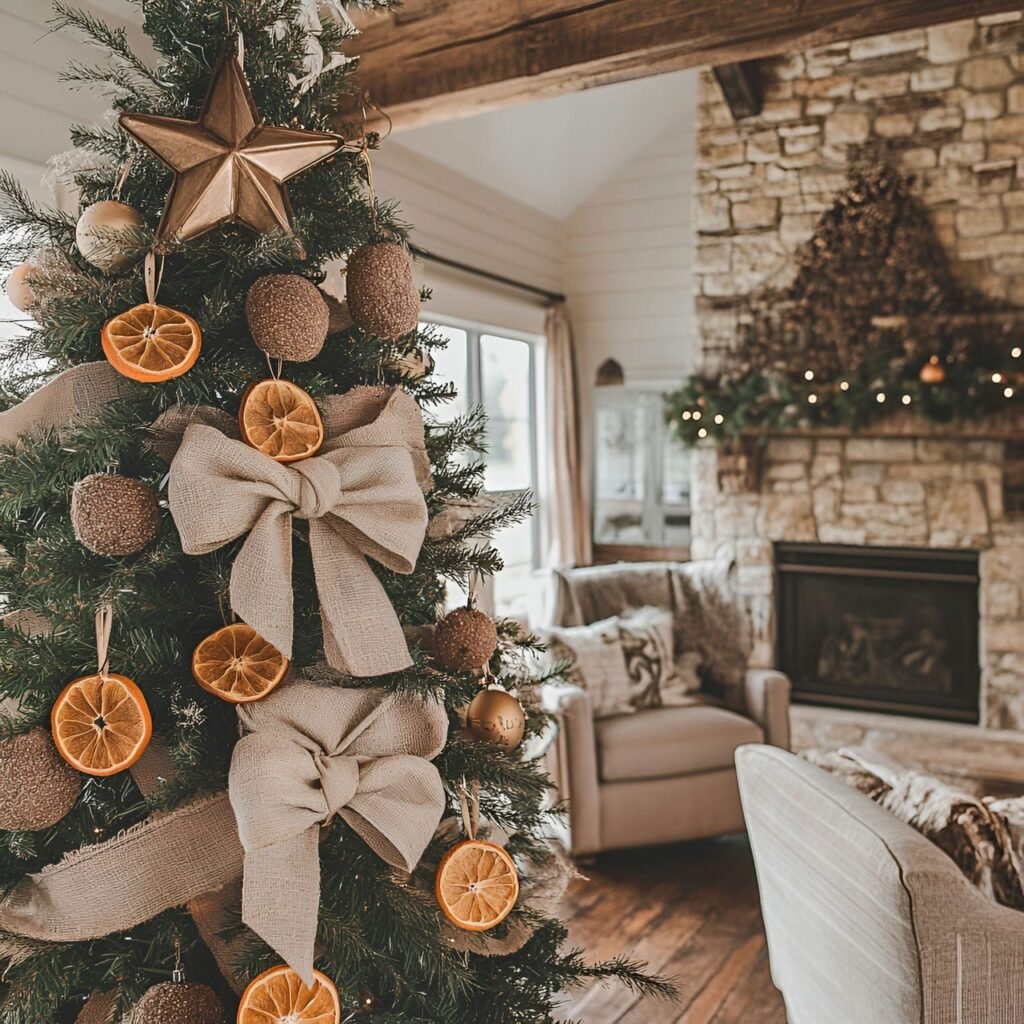 10. Rustic Country Christmas Tree with Burlap Ribbons & Stars