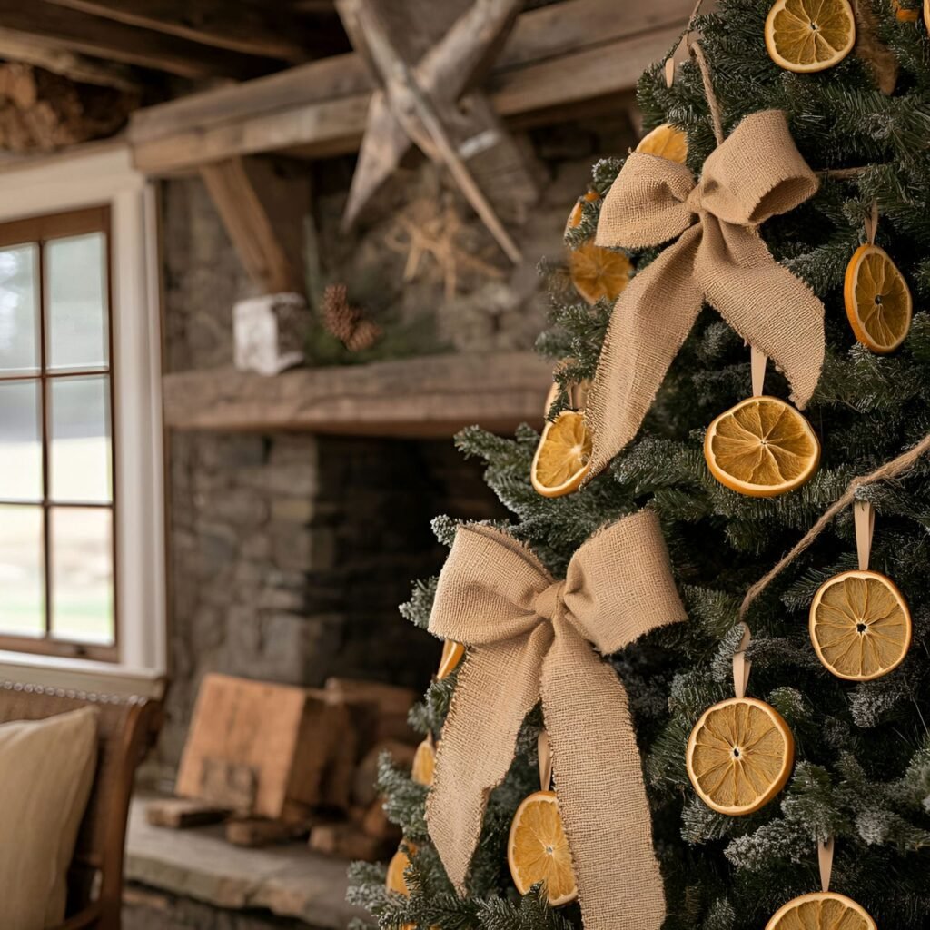 10. Rustic Country Christmas Tree with Burlap Ribbons & Stars