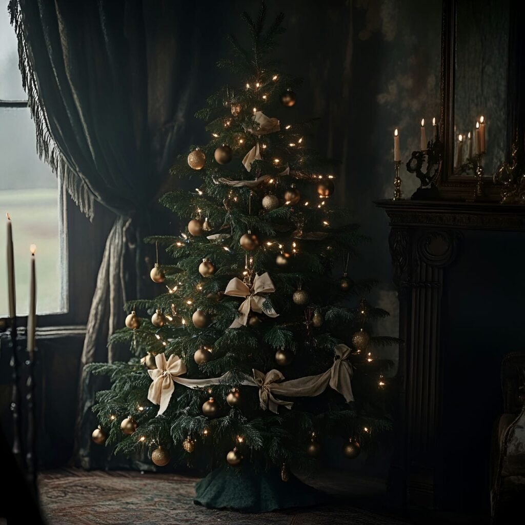 16. Rustic Victorian Candlelit Tree with Linen Bows & Brass