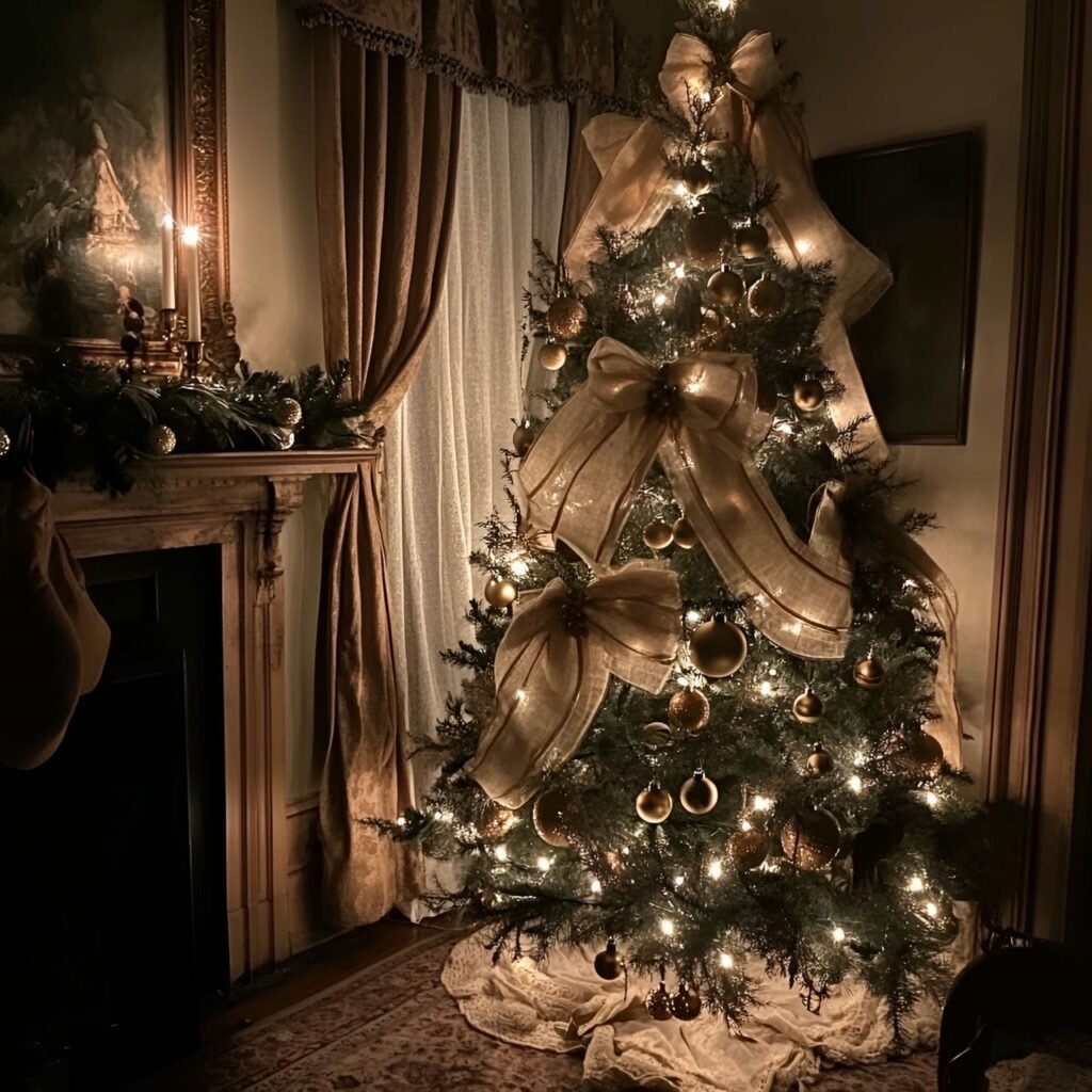 16. Rustic Victorian Candlelit Tree with Linen Bows & Brass