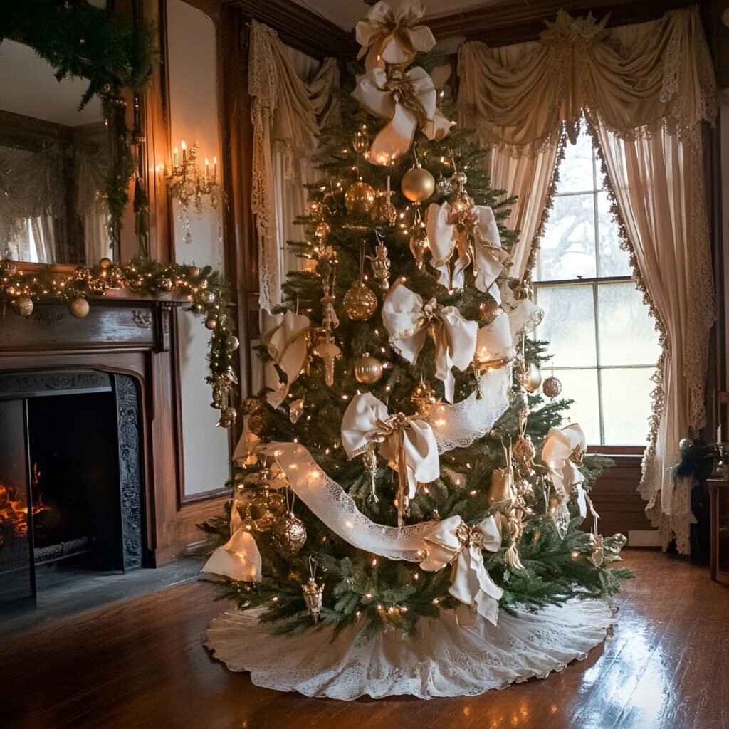 16. Rustic Victorian Candlelit Tree with Linen Bows & Brass