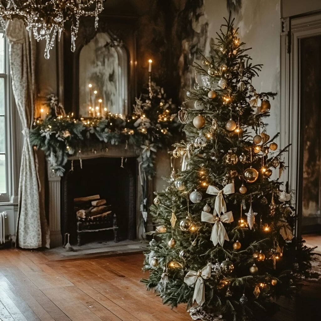 16. Rustic Victorian Candlelit Tree with Linen Bows & Brass