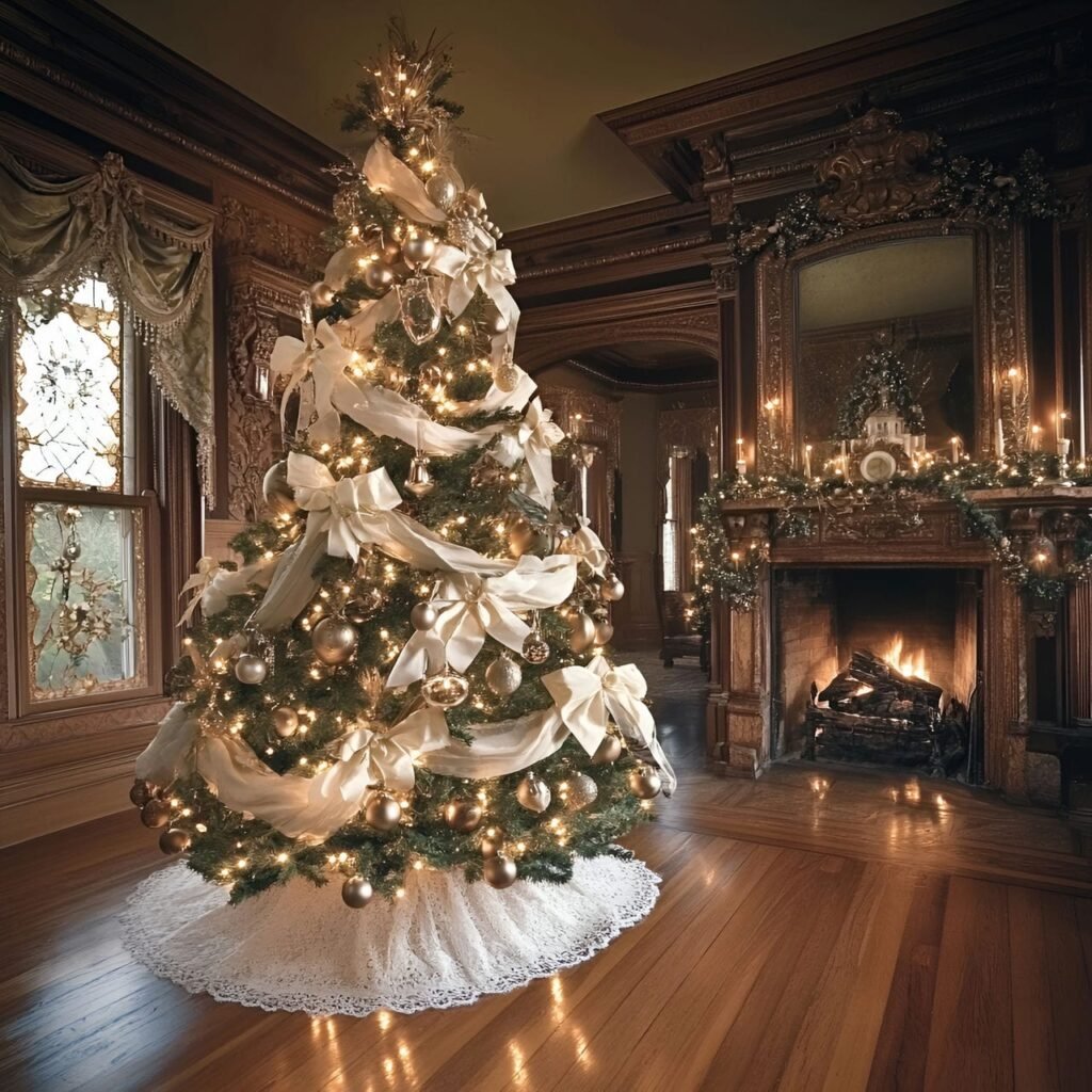 16. Rustic Victorian Candlelit Tree with Linen Bows & Brass