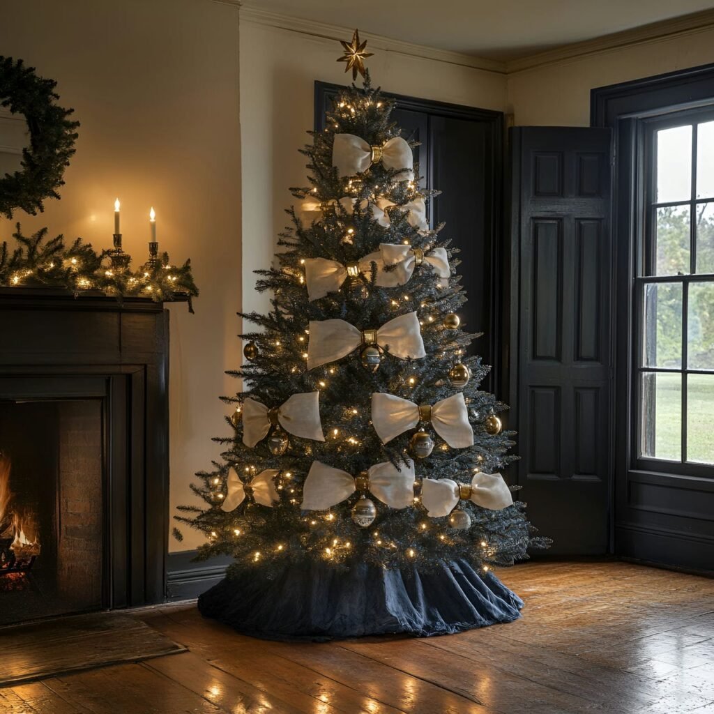 16. Rustic Victorian Candlelit Tree with Linen Bows & Brass