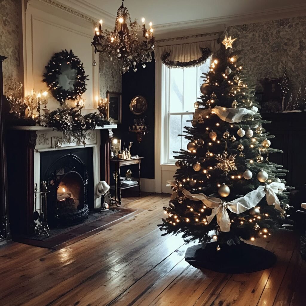 16. Rustic Victorian Candlelit Tree with Linen Bows & Brass