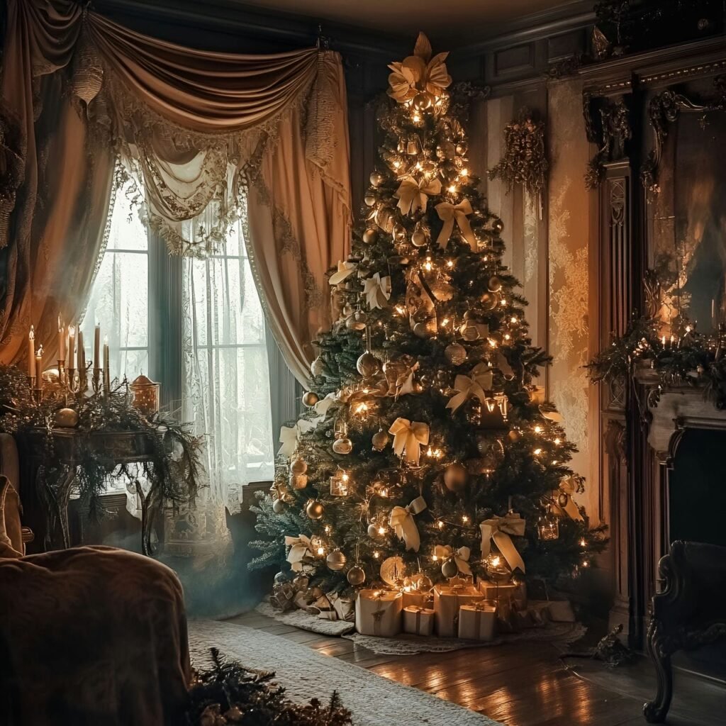 16. Rustic Victorian Candlelit Tree with Linen Bows & Brass