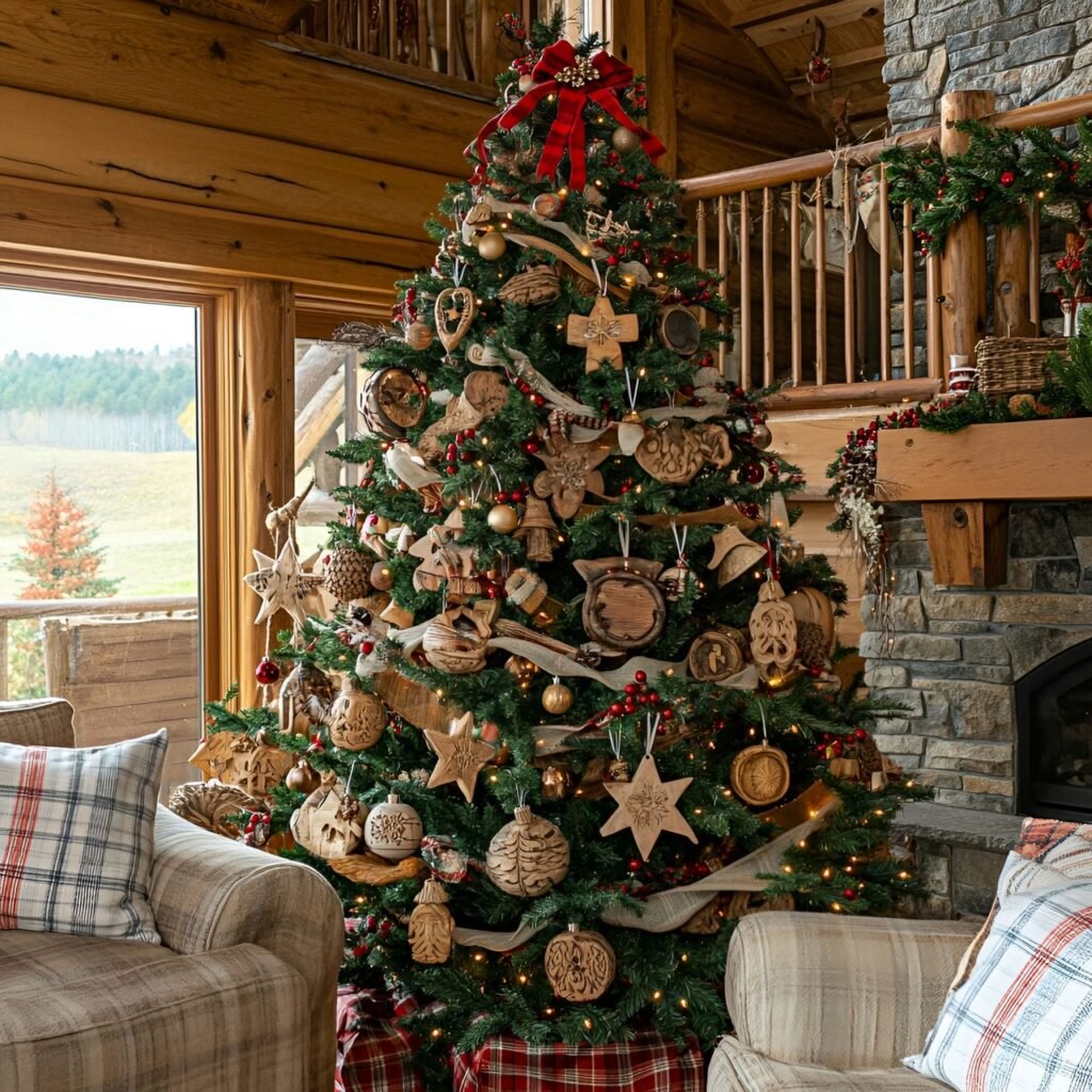 20. Rustic Wooden Charm Tree with Wicker Stars & Plaid Garlands