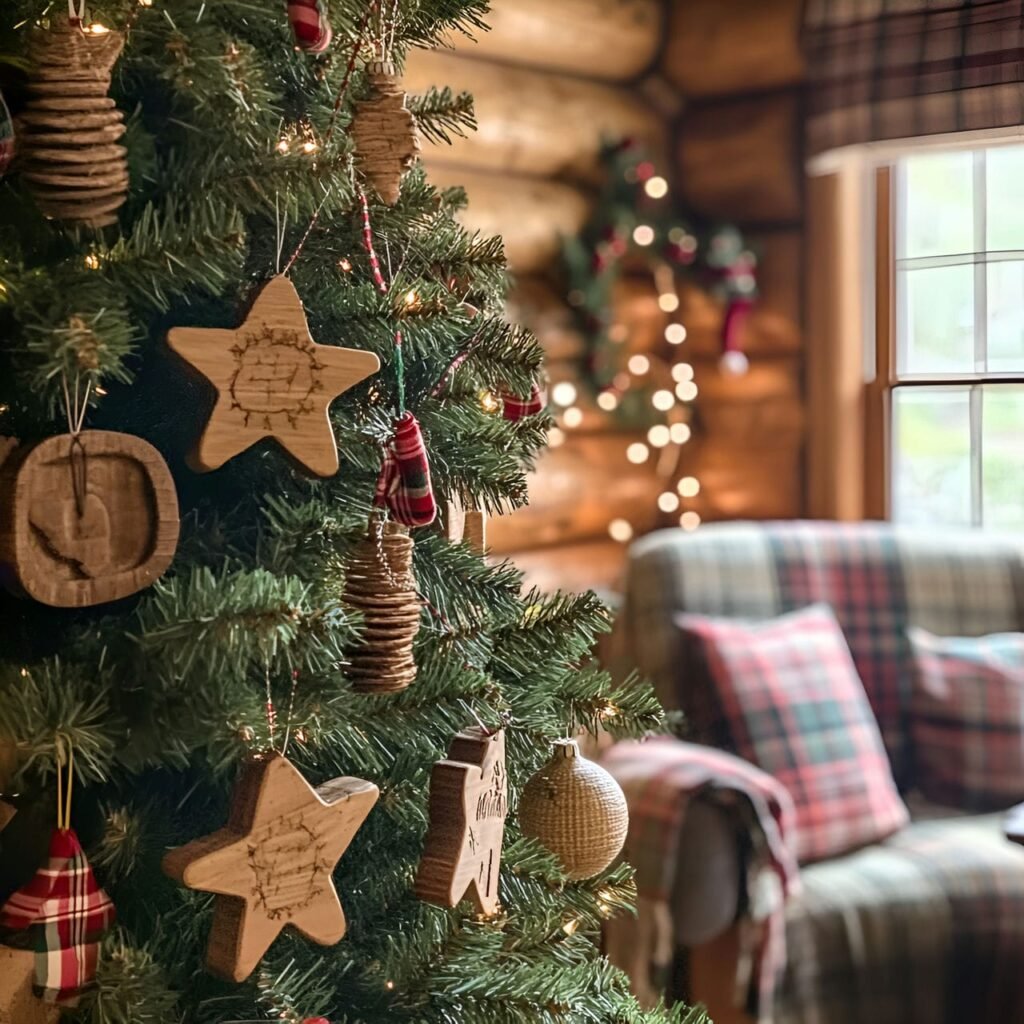 20. Rustic Wooden Charm Tree with Wicker Stars & Plaid Garlands