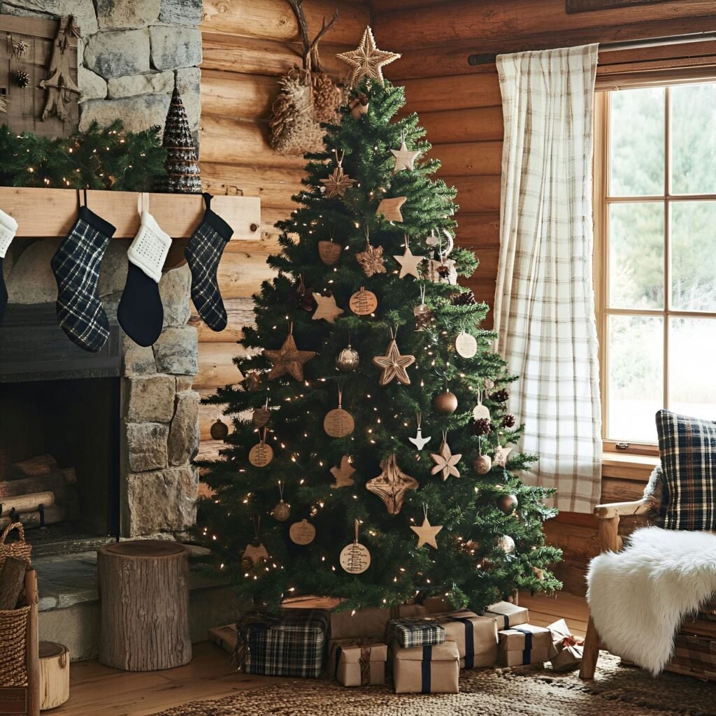 20. Rustic Wooden Charm Tree with Wicker Stars & Plaid Garlands