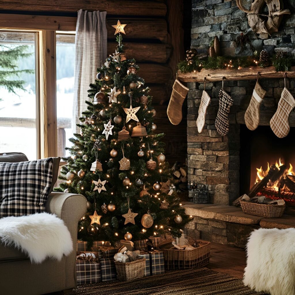 20. Rustic Wooden Charm Tree with Wicker Stars & Plaid Garlands