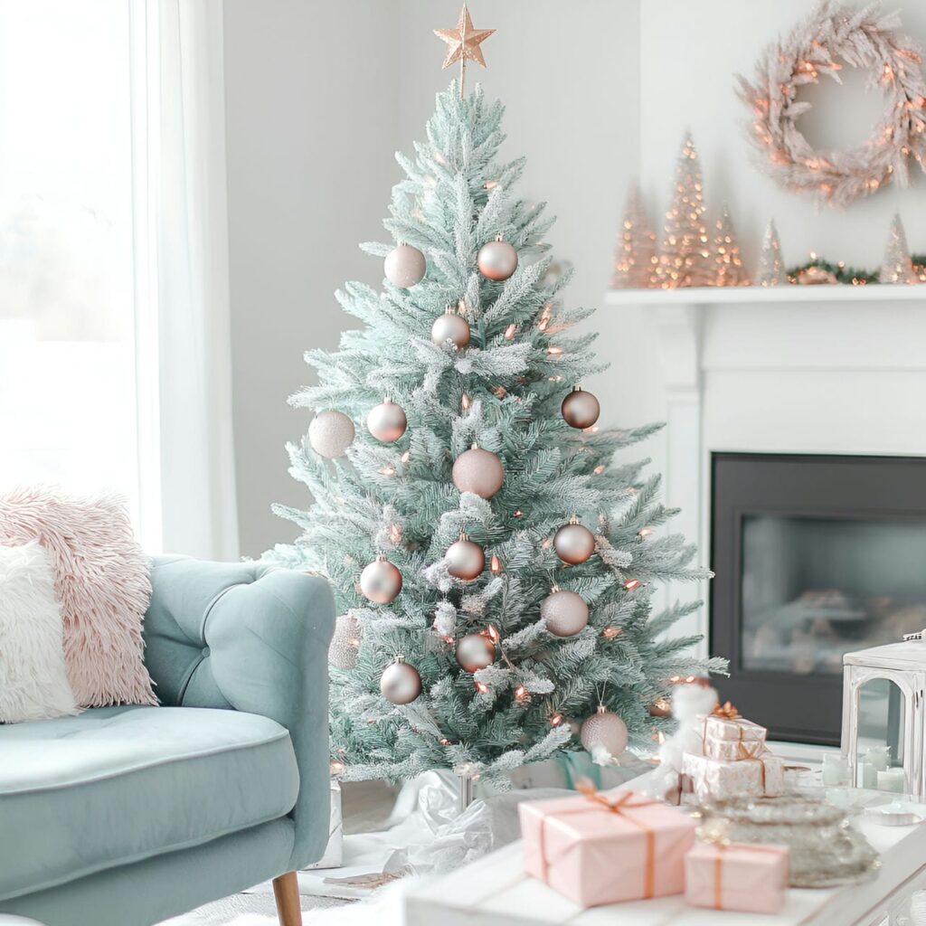 15. Serene Mint Green Pastel Christmas Tree with Rose Gold Accents