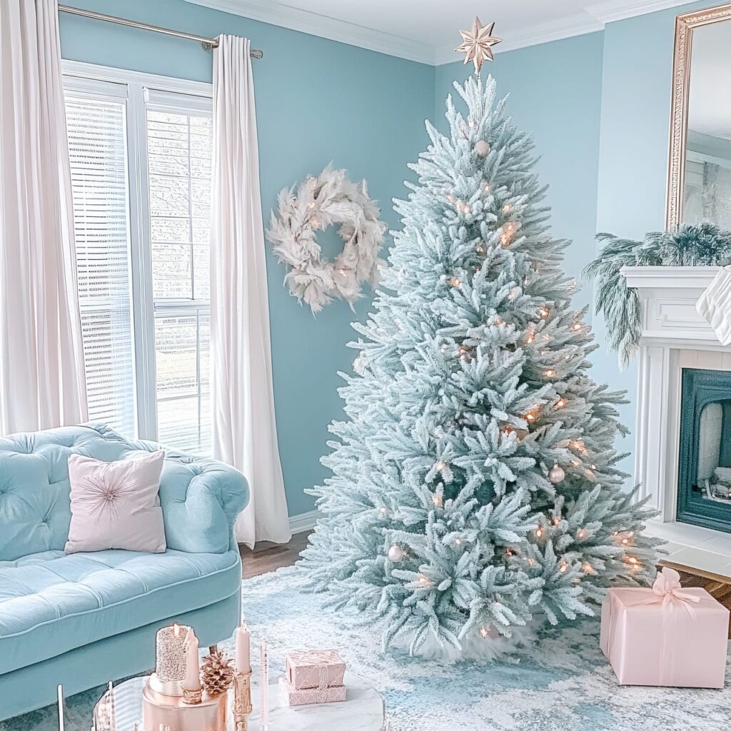 15. Serene Mint Green Pastel Christmas Tree with Rose Gold Accents