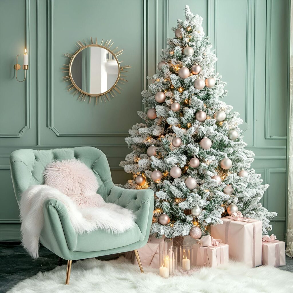 15. Serene Mint Green Pastel Christmas Tree with Rose Gold Accents