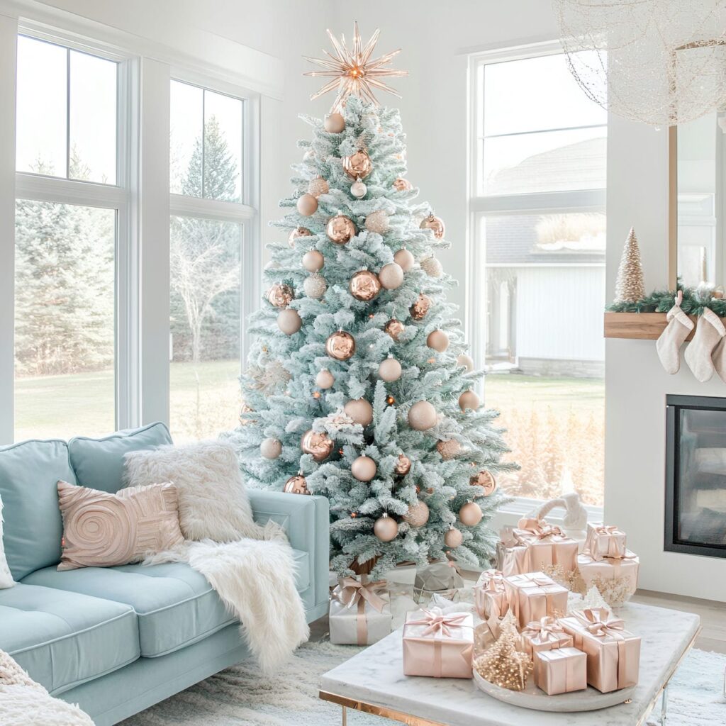 15. Serene Mint Green Pastel Christmas Tree with Rose Gold Accents