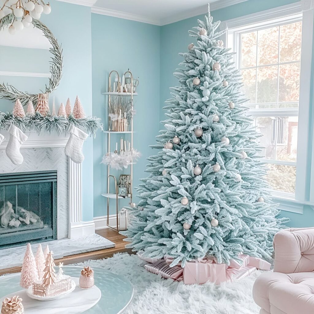 15. Serene Mint Green Pastel Christmas Tree with Rose Gold Accents