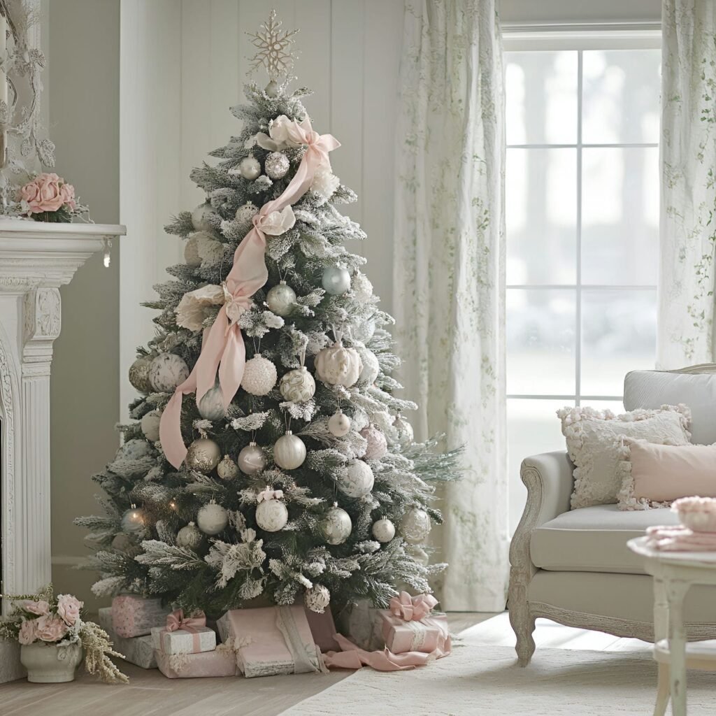 07. Shabby Chic Christmas Tree with Fabric Ornaments & Snowflakes