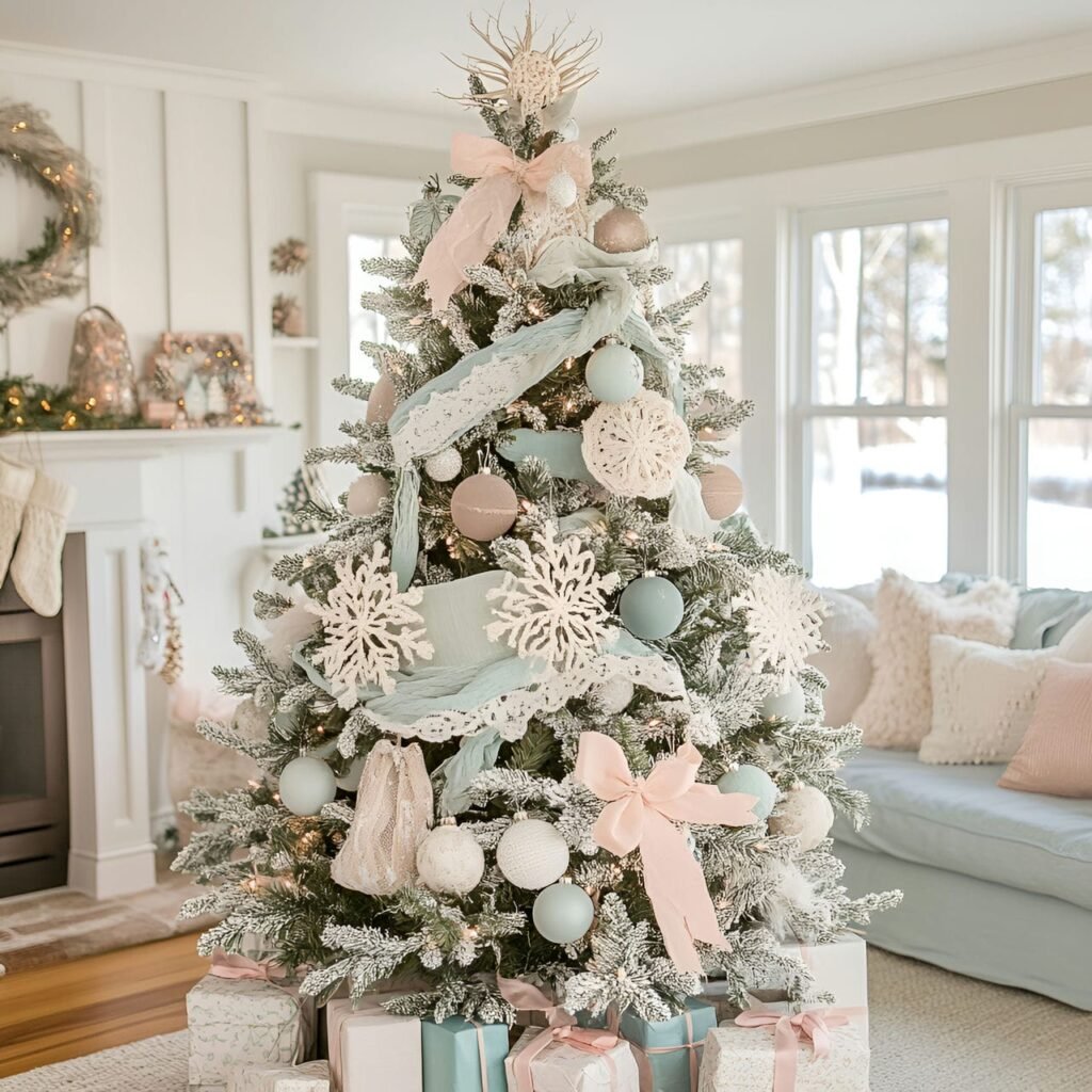 07. Shabby Chic Christmas Tree with Fabric Ornaments & Snowflakes