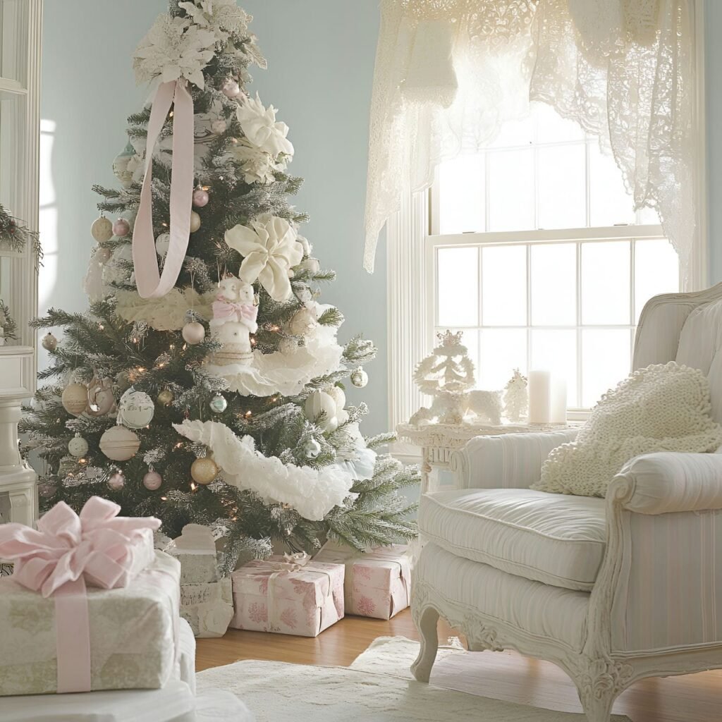 07. Shabby Chic Christmas Tree with Fabric Ornaments & Snowflakes