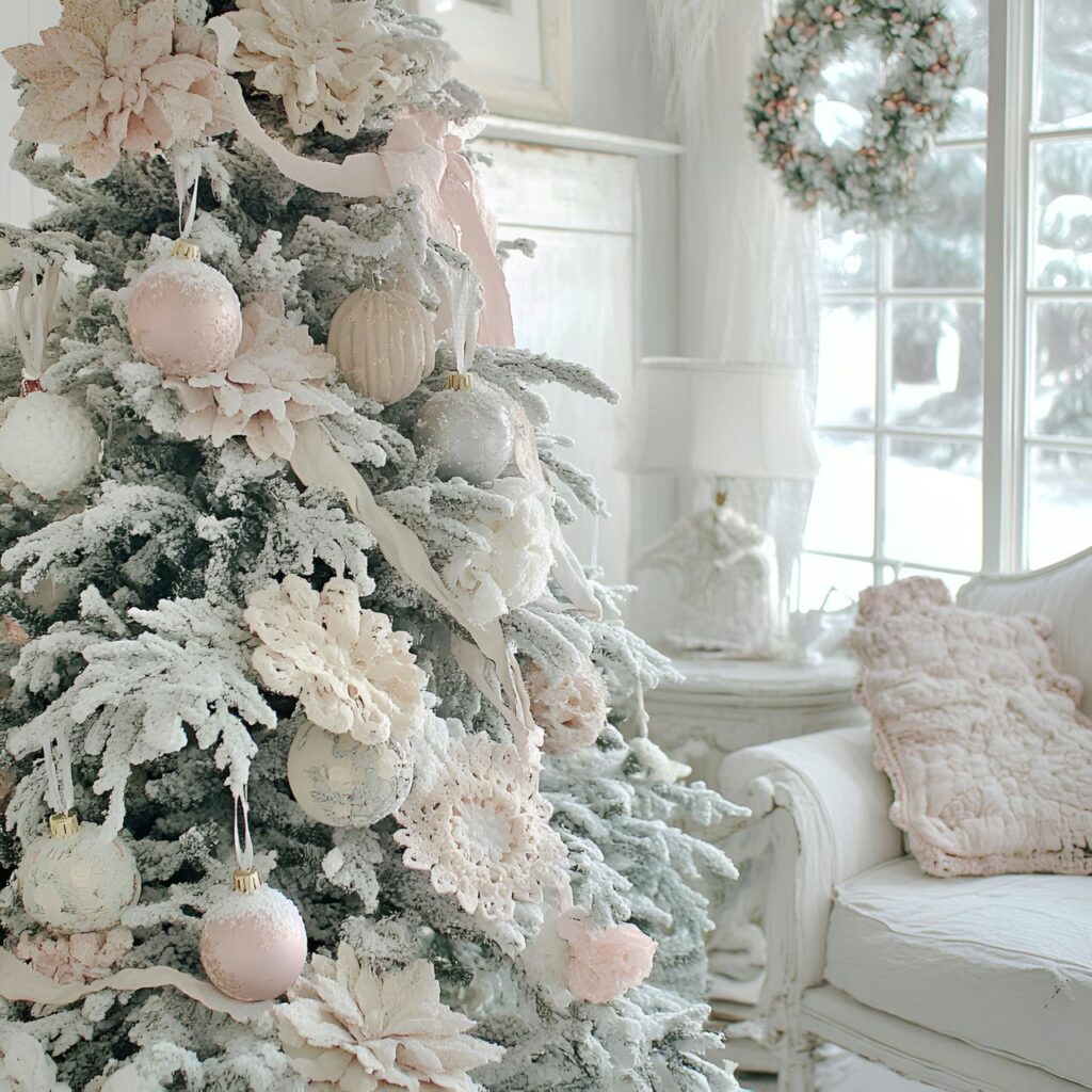 07. Shabby Chic Christmas Tree with Fabric Ornaments & Snowflakes