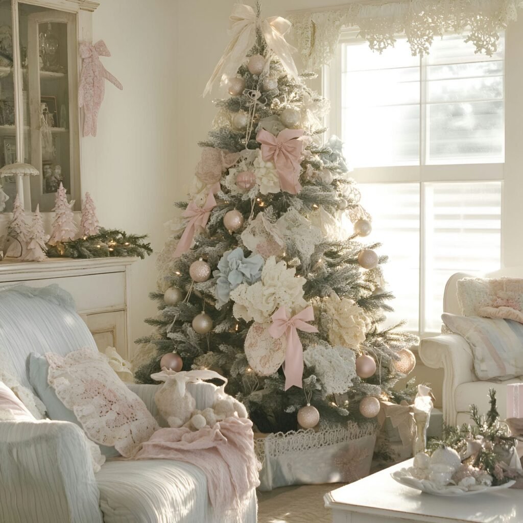 07. Shabby Chic Christmas Tree with Fabric Ornaments & Snowflakes