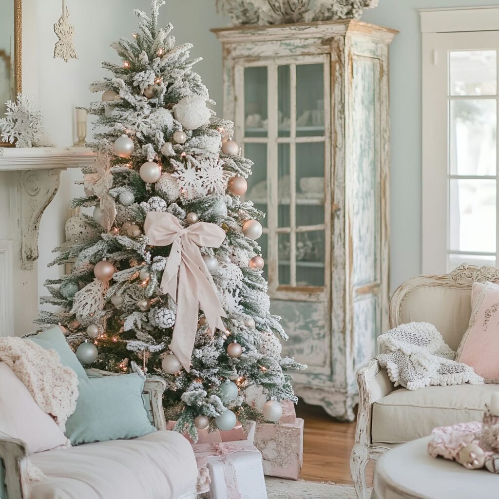 07. Shabby Chic Christmas Tree with Fabric Ornaments & Snowflakes