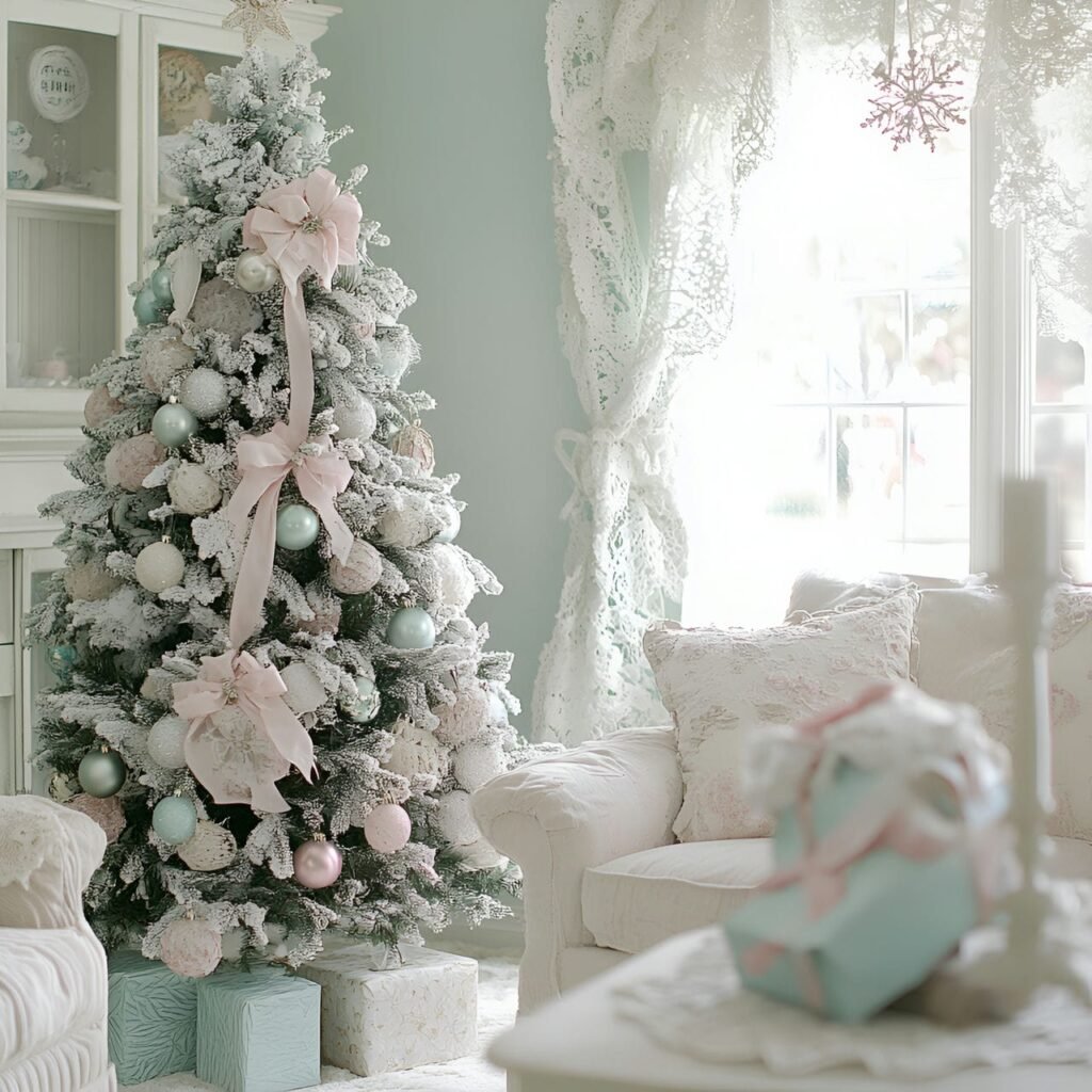 07. Shabby Chic Christmas Tree with Fabric Ornaments & Snowflakes