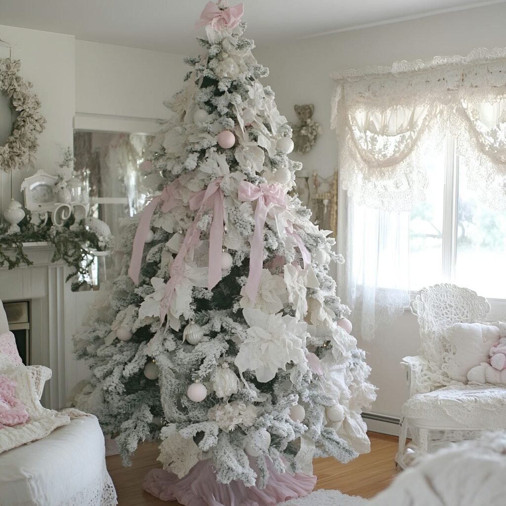 07. Shabby Chic Christmas Tree with Fabric Ornaments & Snowflakes