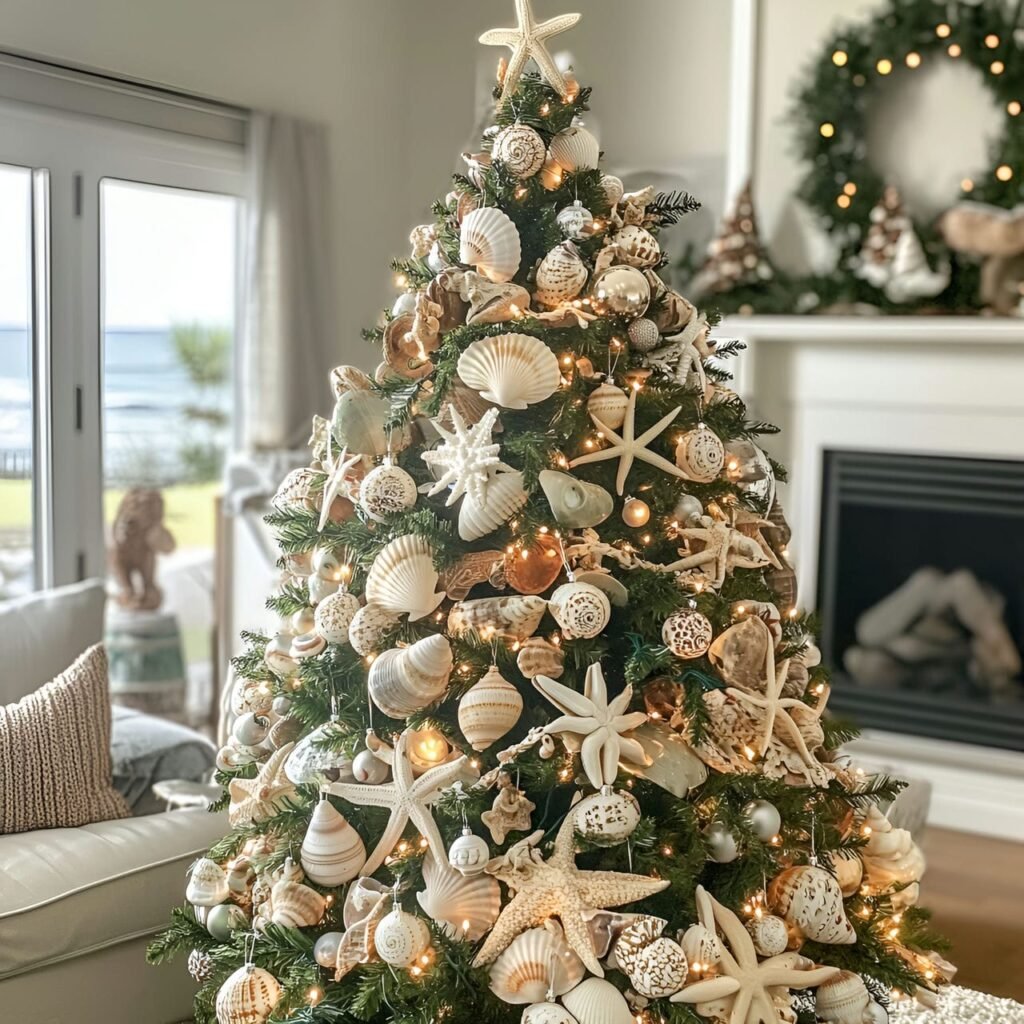 21. Shell Ornament Christmas Tree with Coastal Shell Accents