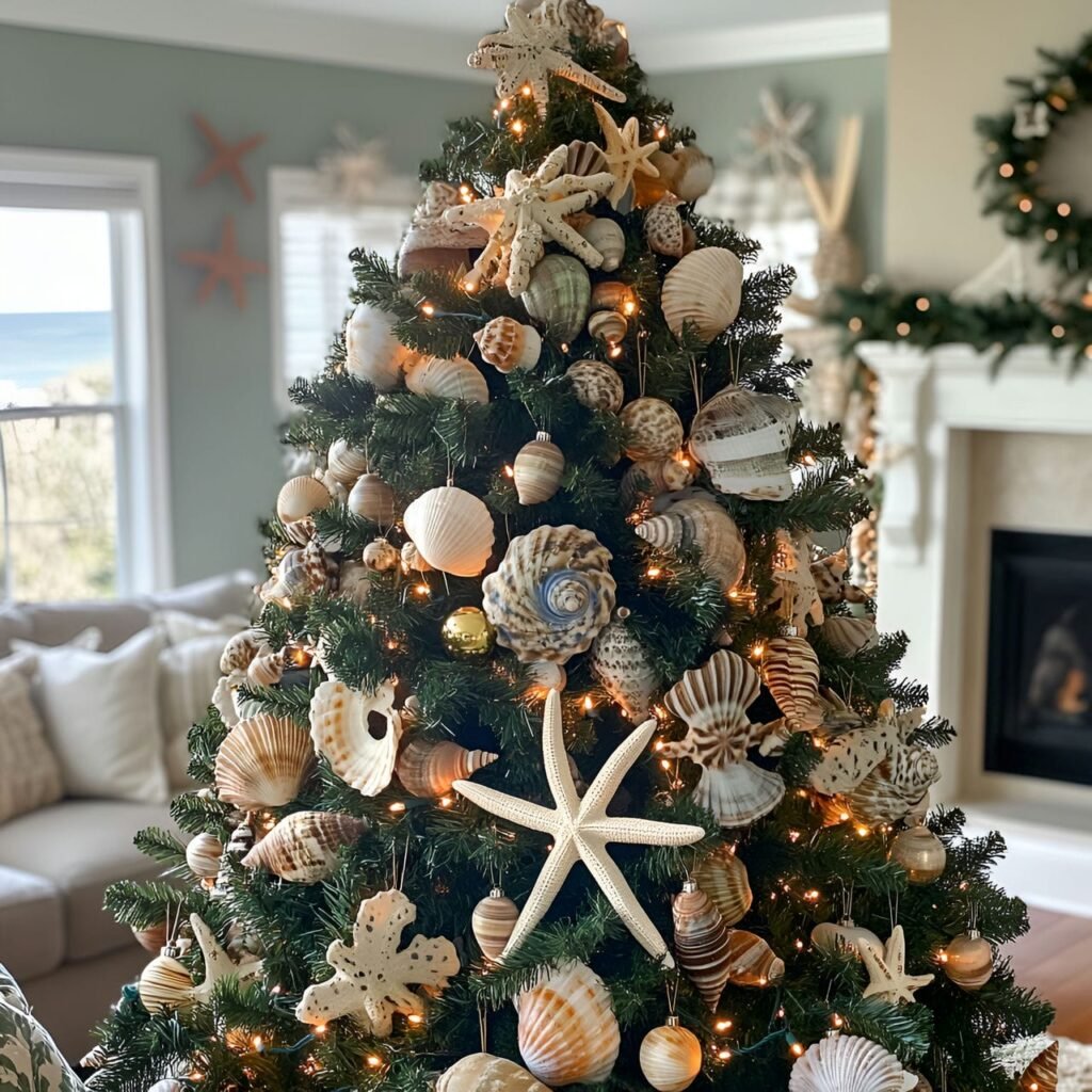 21. Shell Ornament Christmas Tree with Coastal Shell Accents