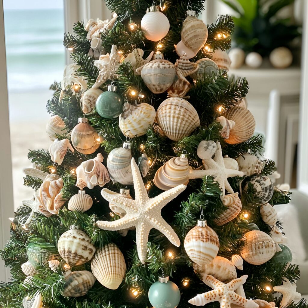 21. Shell Ornament Christmas Tree with Coastal Shell Accents