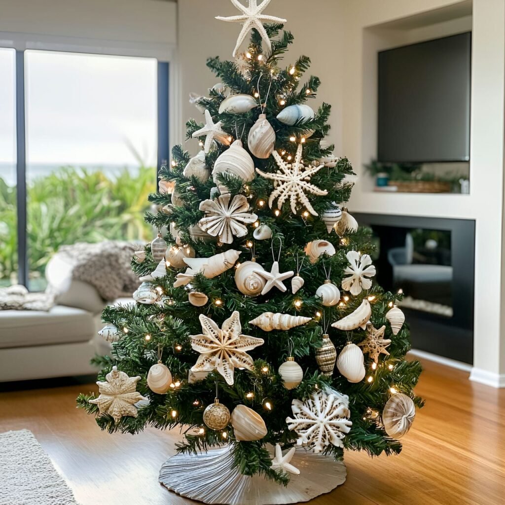 21. Shell Ornament Christmas Tree with Coastal Shell Accents