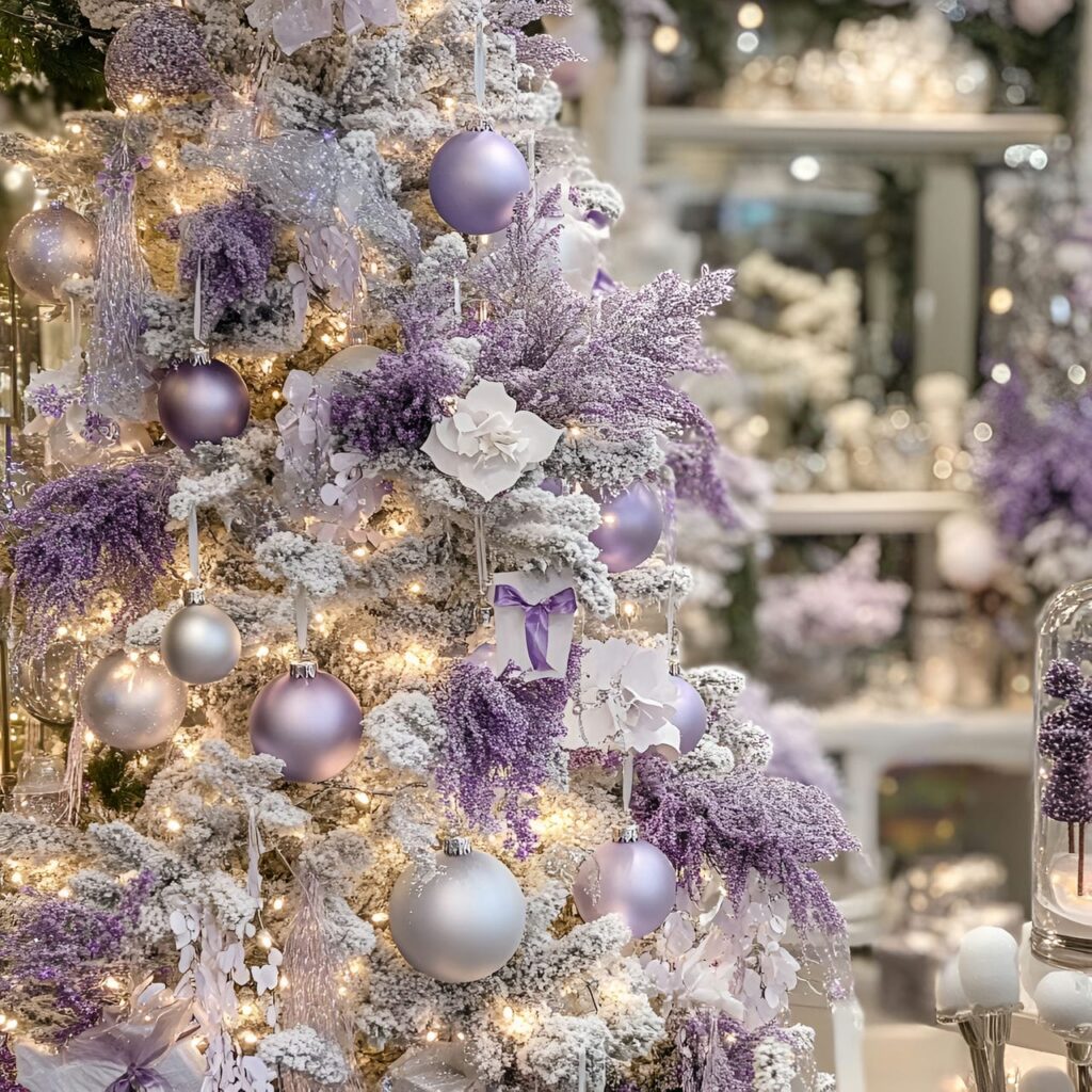 11. Whimsical Silver & Lavender Christmas Tree with Fairy Lights