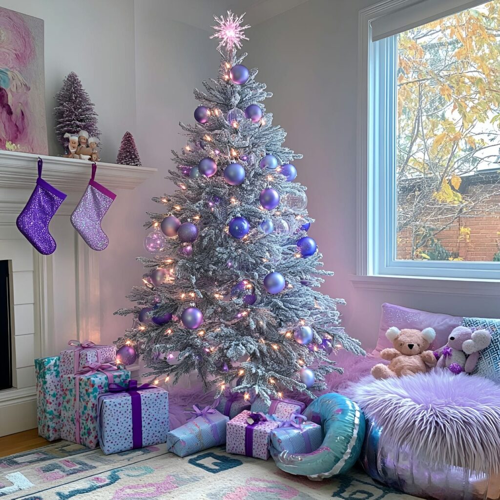 11. Whimsical Silver & Lavender Christmas Tree with Fairy Lights