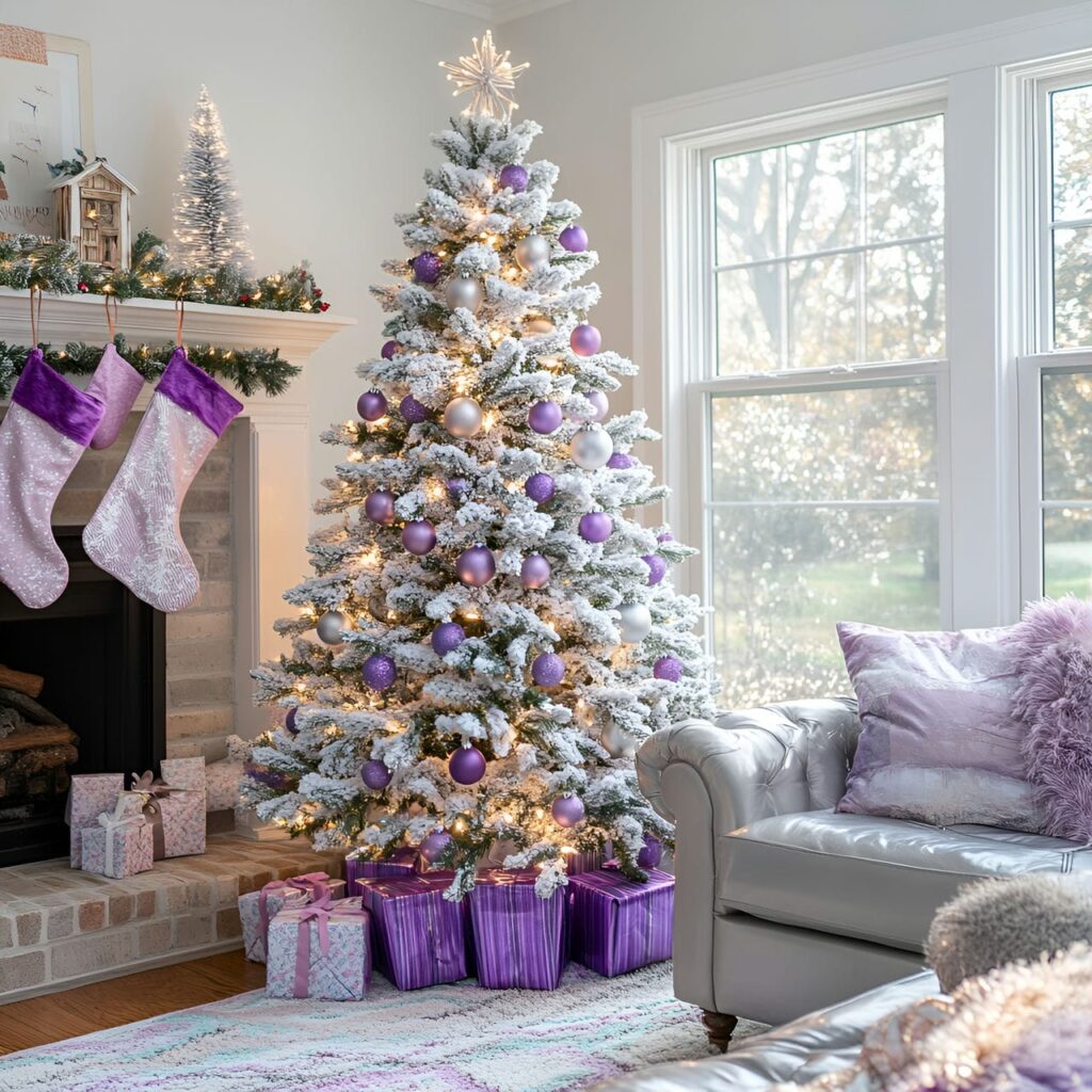 11. Whimsical Silver & Lavender Christmas Tree with Fairy Lights