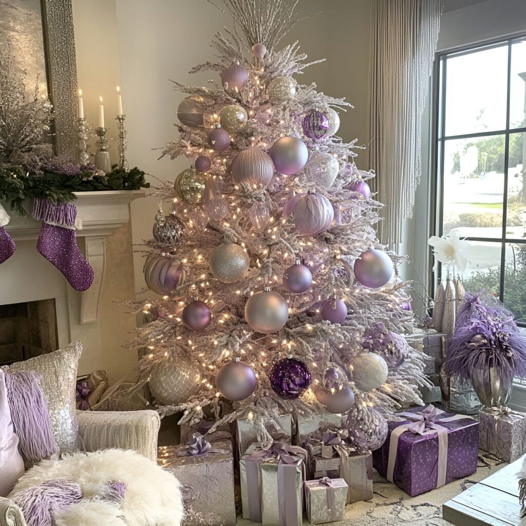 11. Whimsical Silver & Lavender Christmas Tree with Fairy Lights