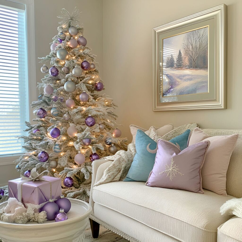 11. Whimsical Silver & Lavender Christmas Tree with Fairy Lights