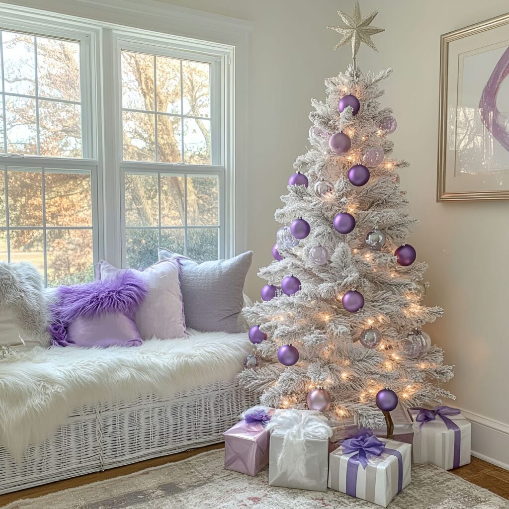 11. Whimsical Silver & Lavender Christmas Tree with Fairy Lights