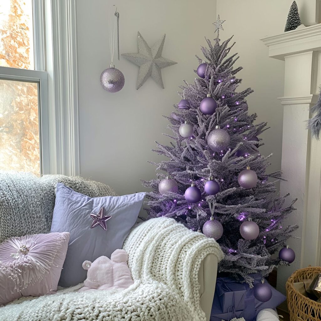 11. Whimsical Silver & Lavender Christmas Tree with Fairy Lights