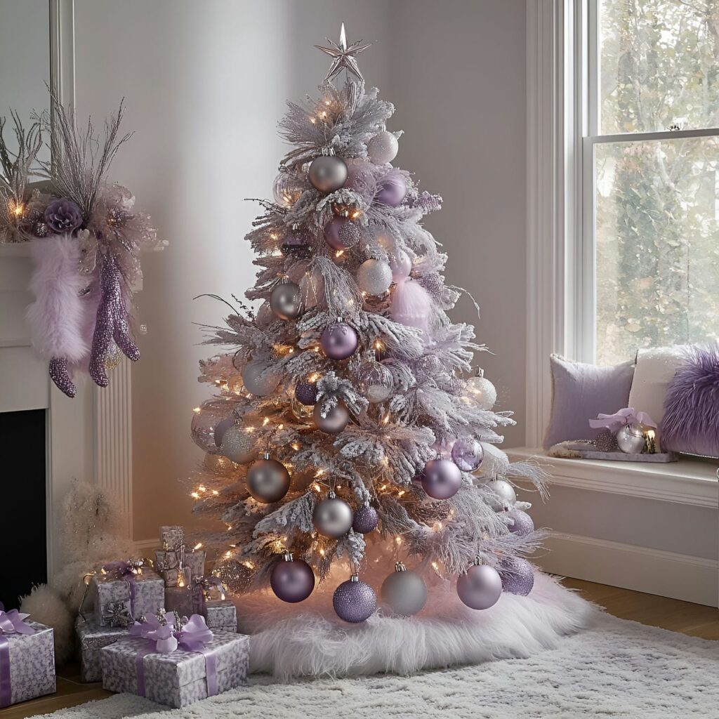 11. Whimsical Silver & Lavender Christmas Tree with Fairy Lights