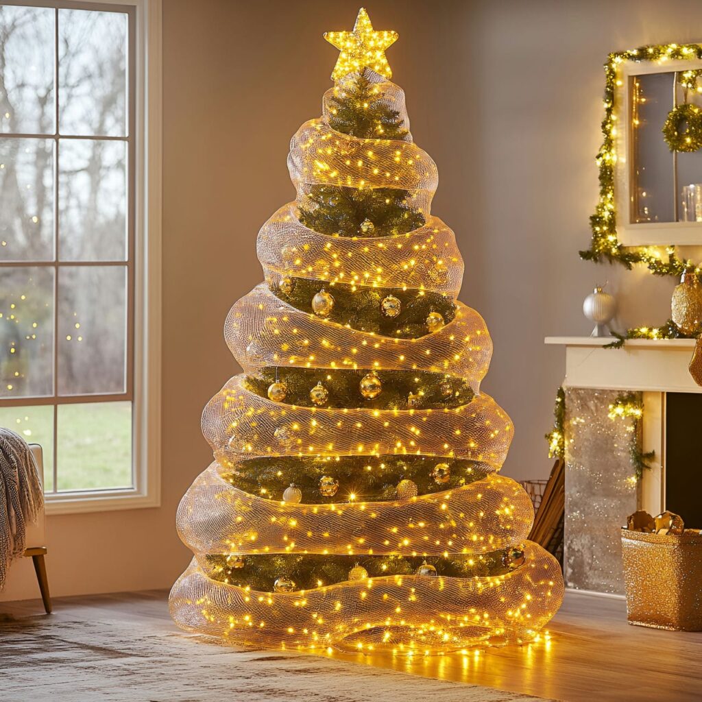 18. Sparkling Mesh Light Tree with Shimmering Golden Accents