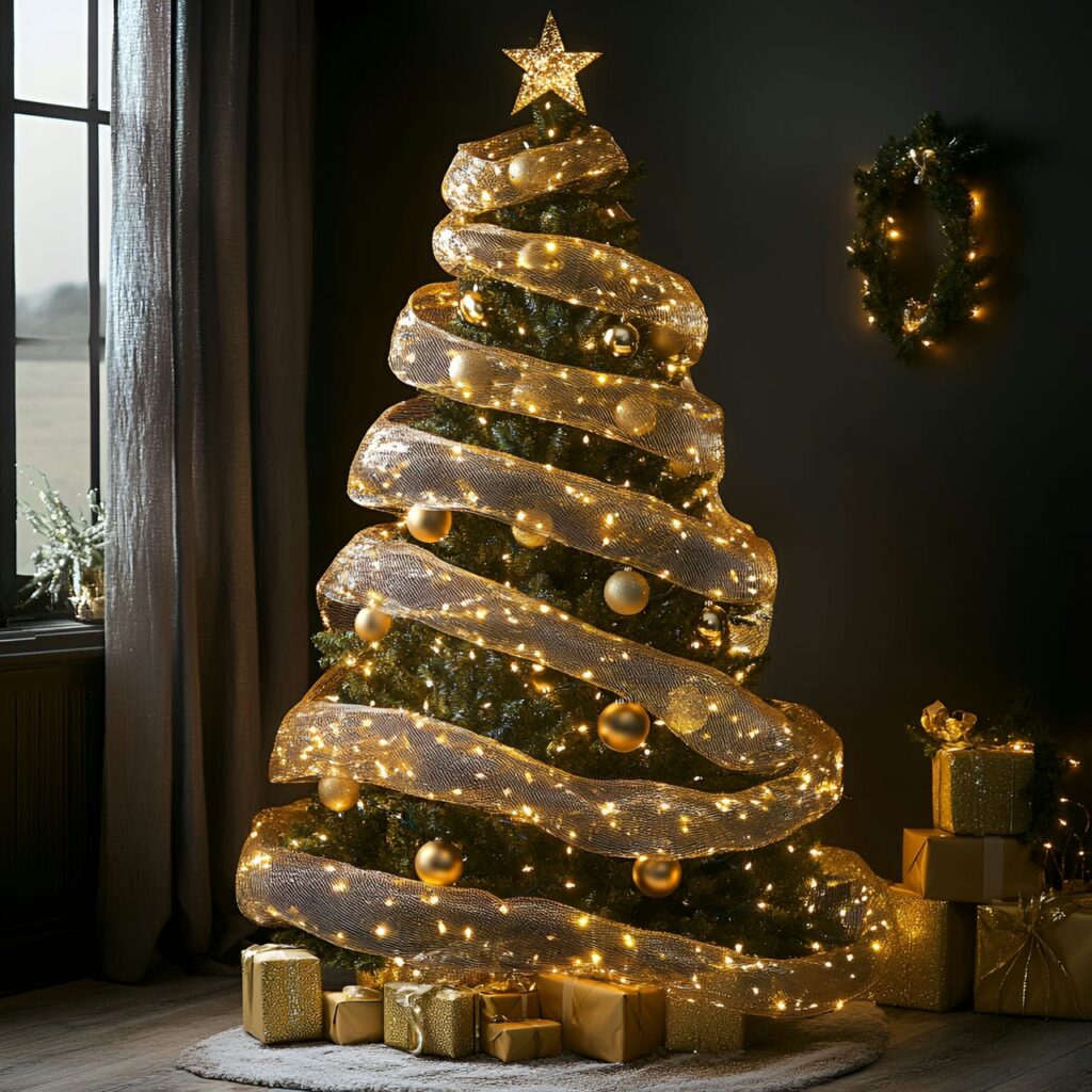 18. Sparkling Mesh Light Tree with Shimmering Golden Accents