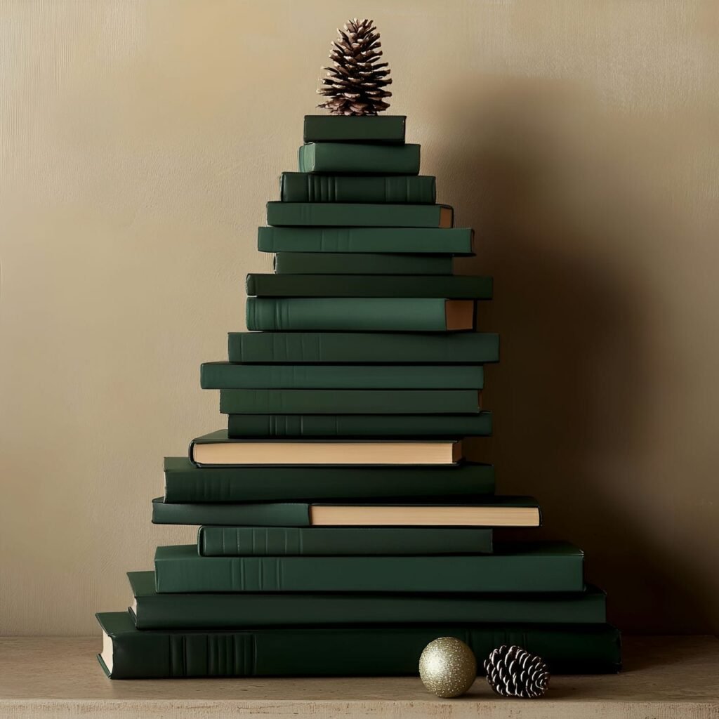 18. Stack of Green Books Tree with Literary Topper