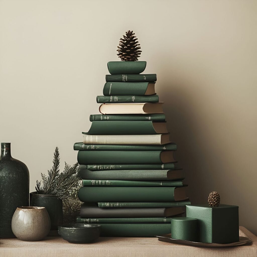 18. Stack of Green Books Tree with Literary Topper