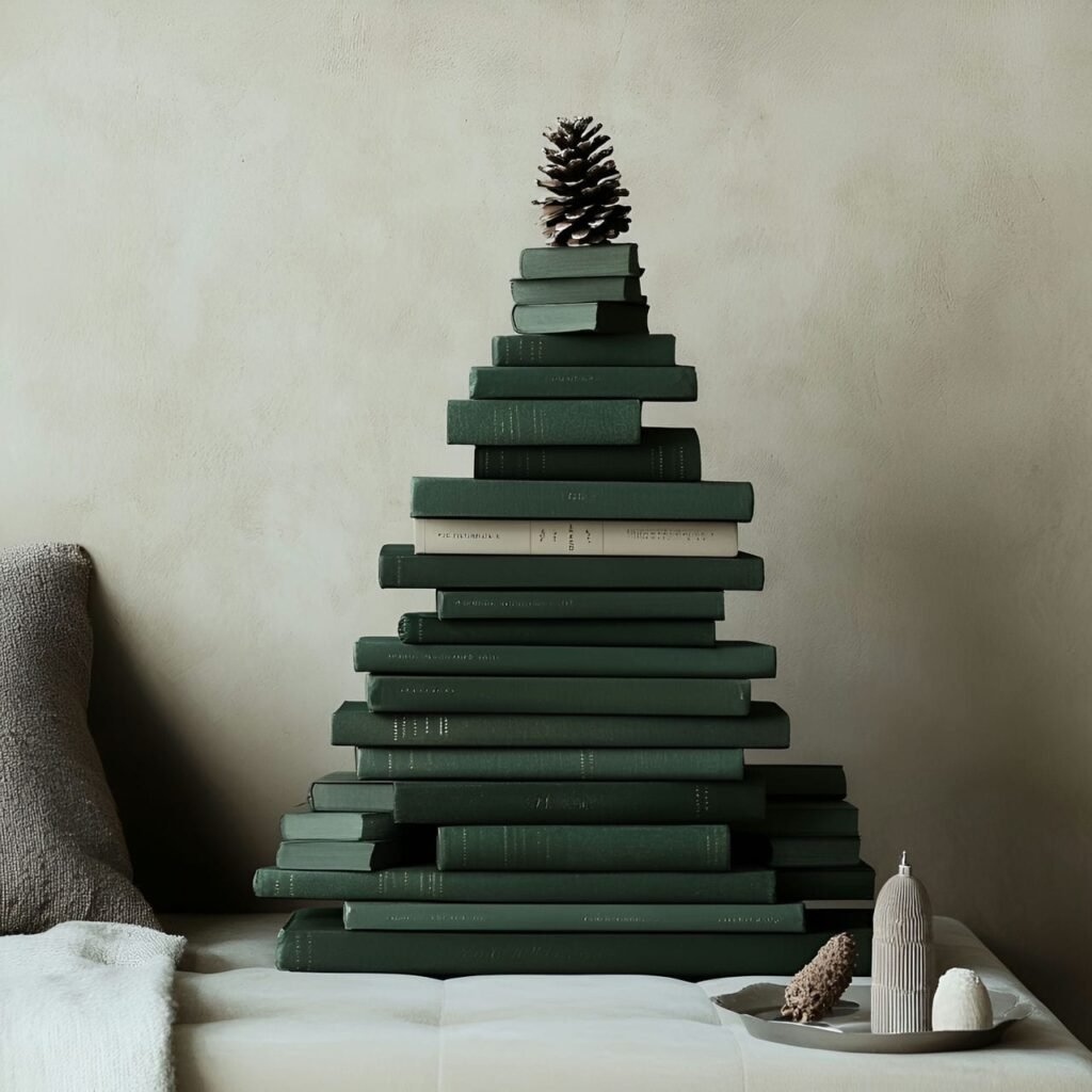 18. Stack of Green Books Tree with Literary Topper