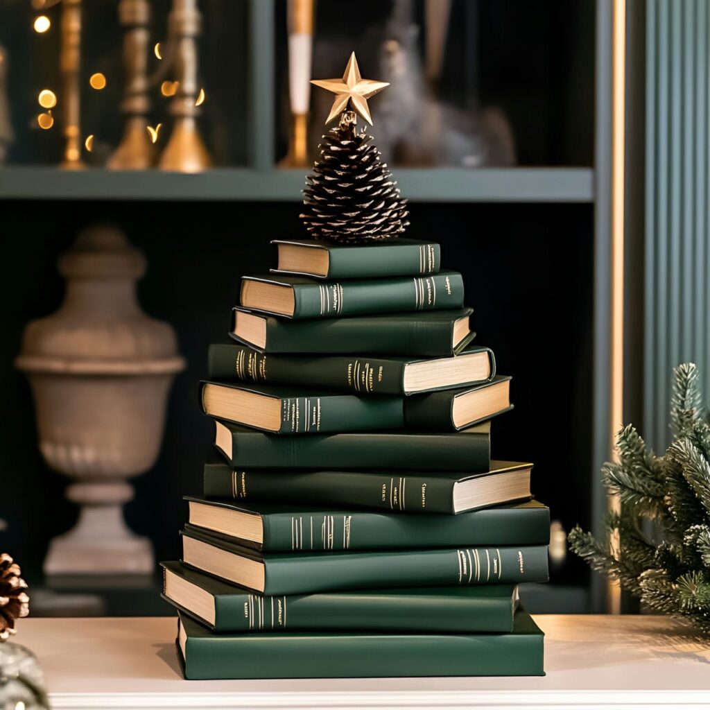 18. Stack of Green Books Tree with Literary Topper